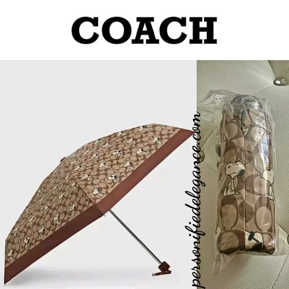 Coach NEW Coach X Peanuts Snoopy Print Brown Multi UV Protection Mini Umbrella - Picture 1 of 16